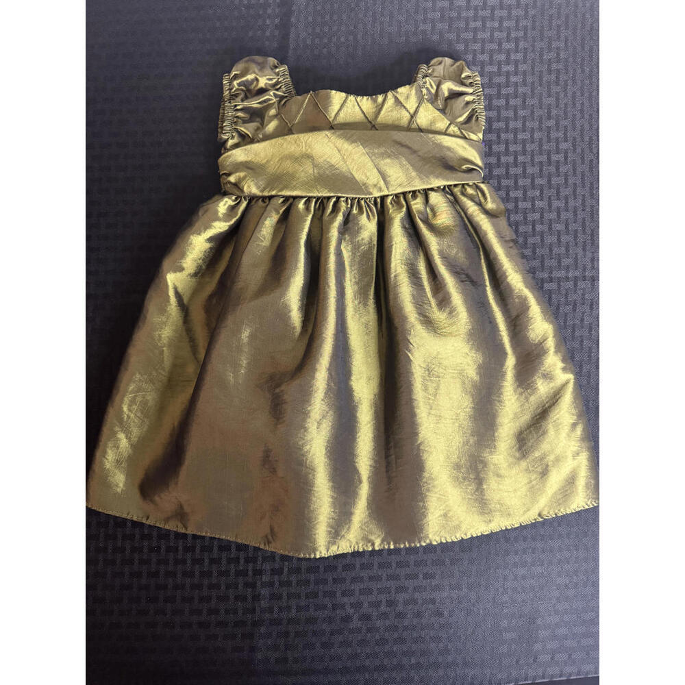 Vintage Crayon Kids Baby Party Dress 12M Gold‎ Green Taffeta Bow Holiday Formal